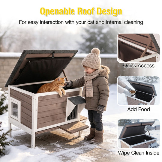 MEDEHOO Heated Outdoor Cat House, Insulated Wooden Feral Shelter with 8-Layer Heating Pad &amp; Weatherproof Asphalt Roof, Dual Escape Doors AIR91-B-HP-PA-WM