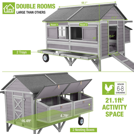 BUTINGLALE Chicken Coop with Super Large Wheels for 4-6 Chickens Mobile Duck House 68.1" L with Four Nesting Boxes, Four Perches, Easy to Move AIR97-N1