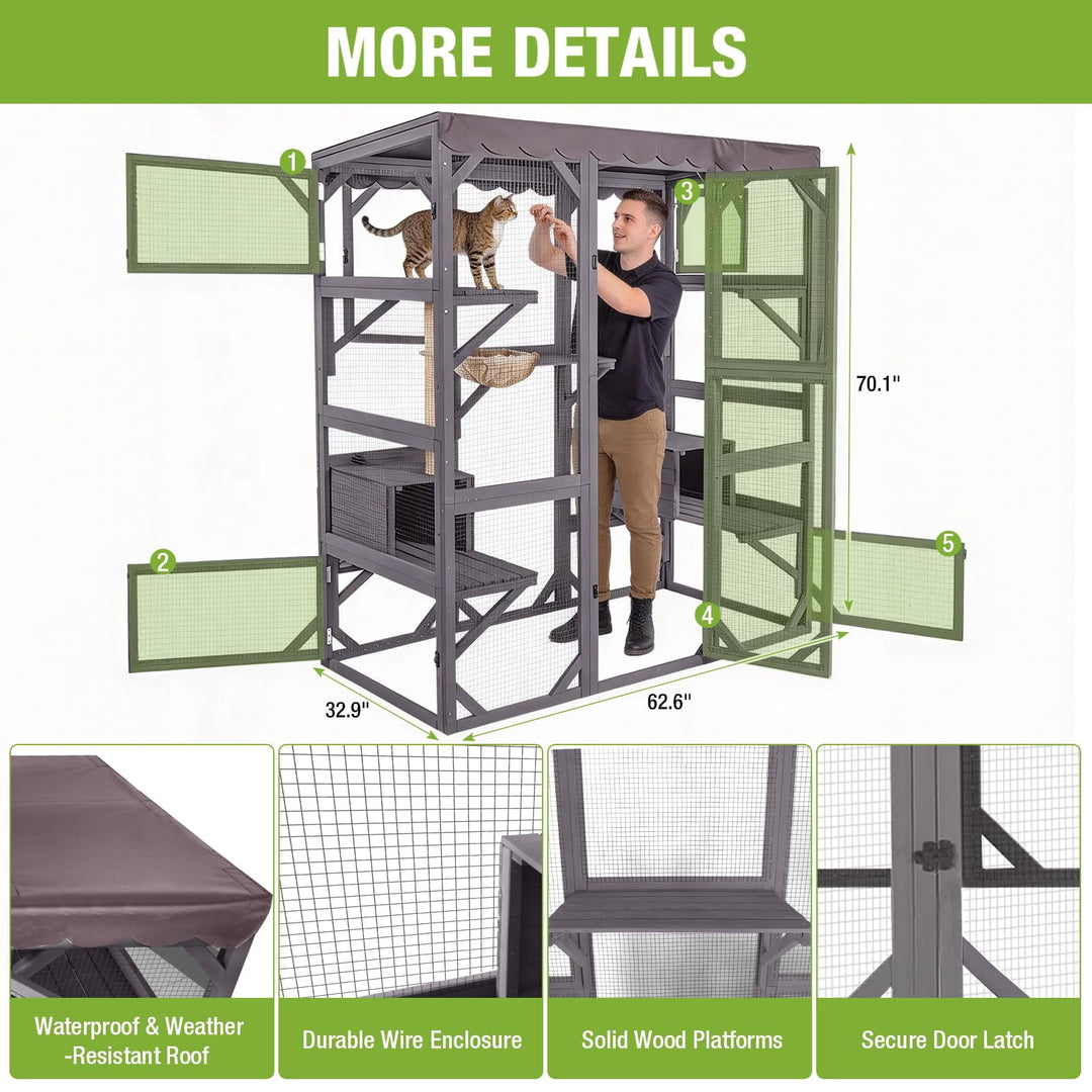 MEDEHOO Catio Outdoor Cat Enclosure - 70" Large Wooden Cat House with 5 Platforms, 2 Napping Boxes &amp; Weatherproof Asphalt Roof, Walk-in Kitty Condo for Multiple Cats Catio-AIR37-M-MA