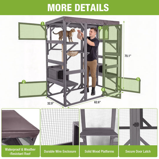 MEDEHOO Catio Outdoor Cat Enclosure - 70" Large Wooden Cat House with 5 Platforms, 2 Napping Boxes &amp; Weatherproof Asphalt Roof, Walk-in Kitty Condo for Multiple Cats Catio-AIR37-M-MA