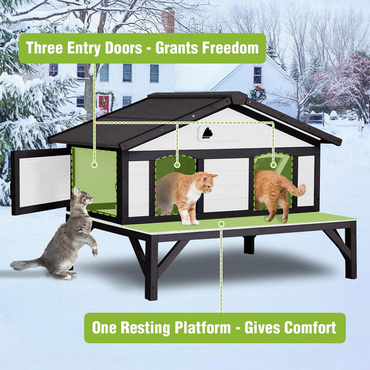 MEDEHOO Heated Cat House for Outside, Outdoor Cat House Weatherproof Insulated Feral Cat Shelter with Anti-Chewing Electric Heating Pad, Elevated Base &amp; DIY Nameplate, 43.5" L(Black and White) AIR92-B-HP-AD-WM