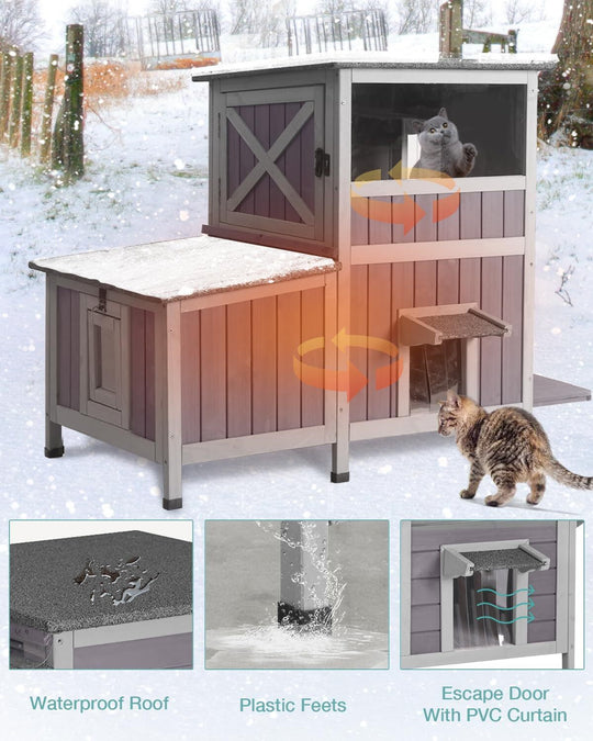 MEDEHOO Outdoor Cat House Weatherproof, Two-Story Wooden Cat Shelter with Escape Door, PVC Curtains, Removable Floor &amp; Waterproof Roof, Raised Outside Cat House for Feral Cats