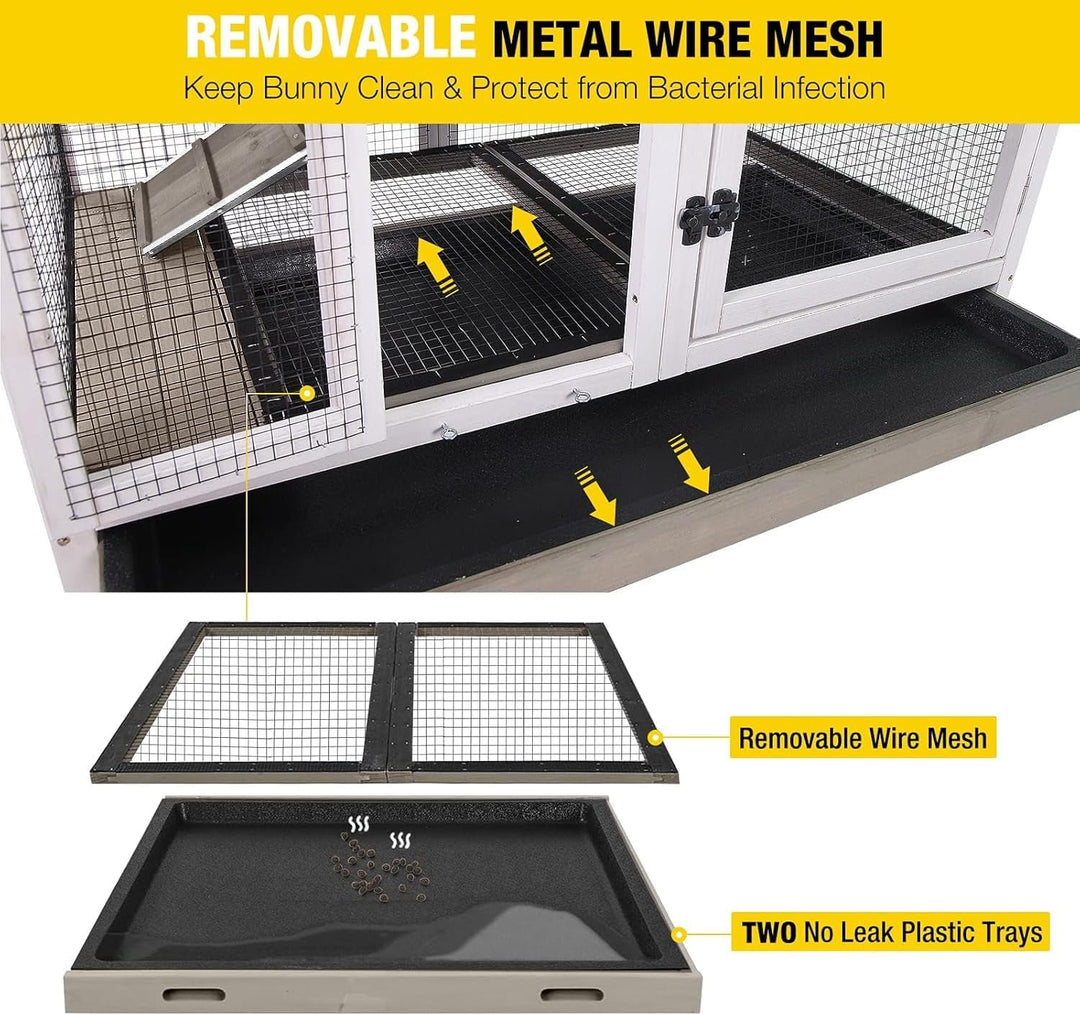 MEDEHOO Indoor Outdoor Rabbit Hutch, Bunny Cage on Wheels with 2 Deep No Leakage Pull Out Trays (Mocha Color) AIR36-U-WM