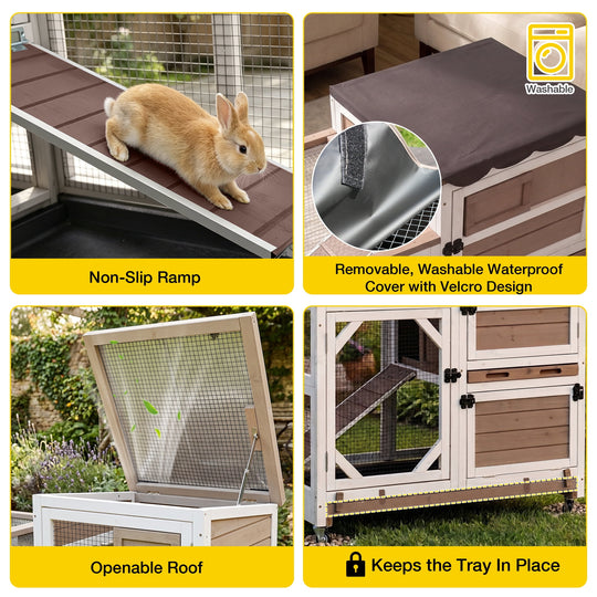 MEDEHOO Rabbit Cage Indoor Outdoor Bunny Hutch on Wheels, 2 Story Wood Guinea Pig Cages with 2 Deeper Pull Out Trays AIR7013-PD