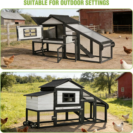 MEDEHOO Chicken Coop Mobile Chicken House On Wheel Outdoor Rabbit Hutch for 2-4 Chickens 67"(White &amp; Black) AIR023-B