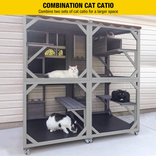 MEDEHOO Outdoor Cat Catio with Wheels, 62.8" Tall 3-Tier Wooden Cat Enclosure with 3 Platforms, Resting Box and Waterproof Fabric Roof AIR22-M-WM