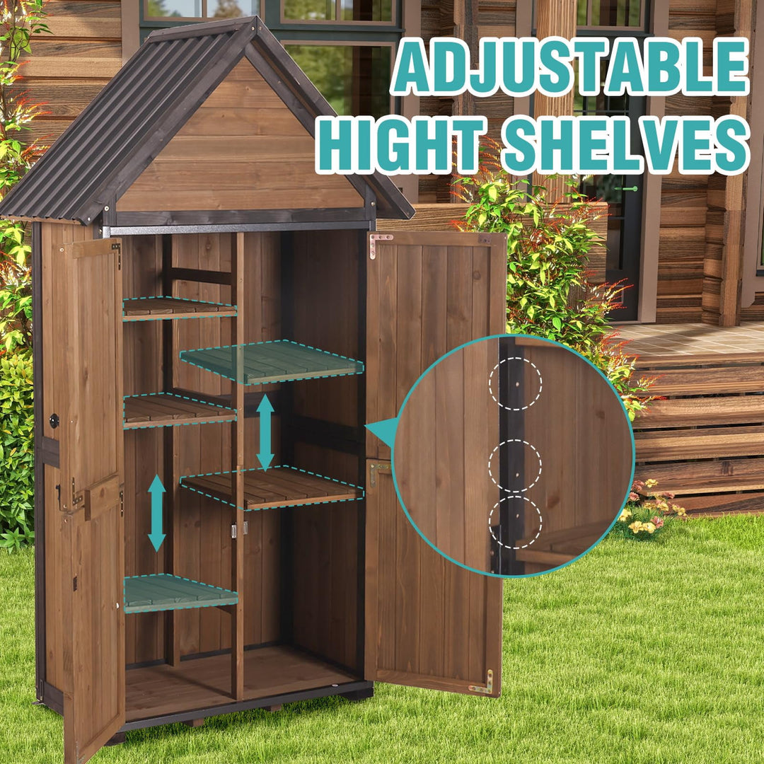 MEDEHOO Shed Outdoor Storage, Outdoor Storage Cabinet with Metal Frame &amp; Adjustable Shelves, Weatherproof Tool Shed for Backyard Patio Lawn, Brown AIR7004-A11-WM