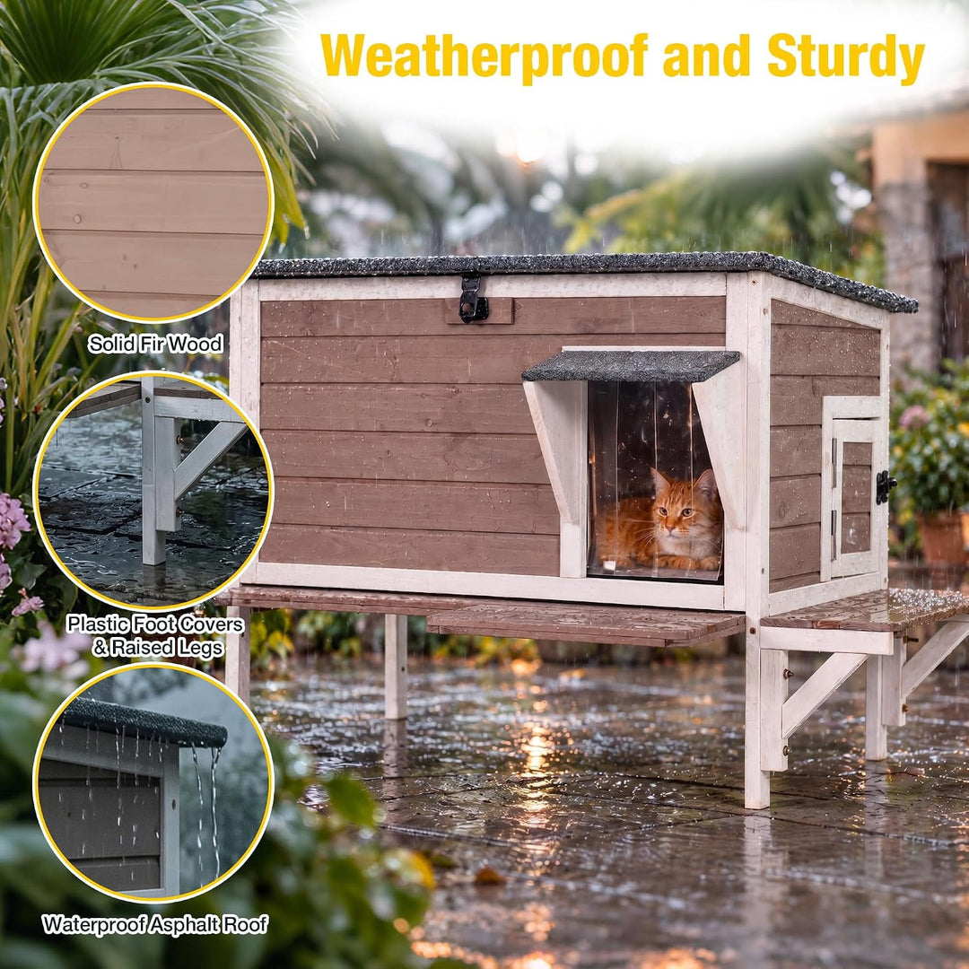 MEDEHOO  Heated Cat House with Insulated Liner, Large Feral Cat Shelter for Winter, Weatherproof Cat Condos for Outdoor Indoor Kitty Shelter, Light Brown AIR91-B-HP-PA-WM2