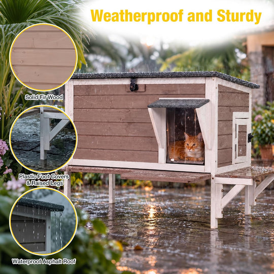 MEDEHOO  Heated Cat House with Insulated Liner, Large Feral Cat Shelter for Winter, Weatherproof Cat Condos for Outdoor Indoor Kitty Shelter, Light Brown AIR91-B-HP-PA-WM2