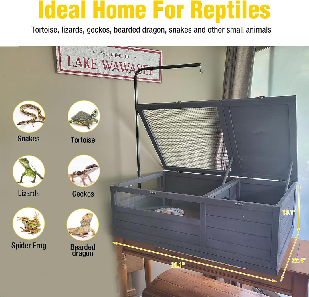 MEDEHOO Tortoise Habitat House Indoor, Wooden Tortoise House Reptile Enclosure Outdoor Amphibians Cage for Gecko Lizard Snake SKY21-ML-WM