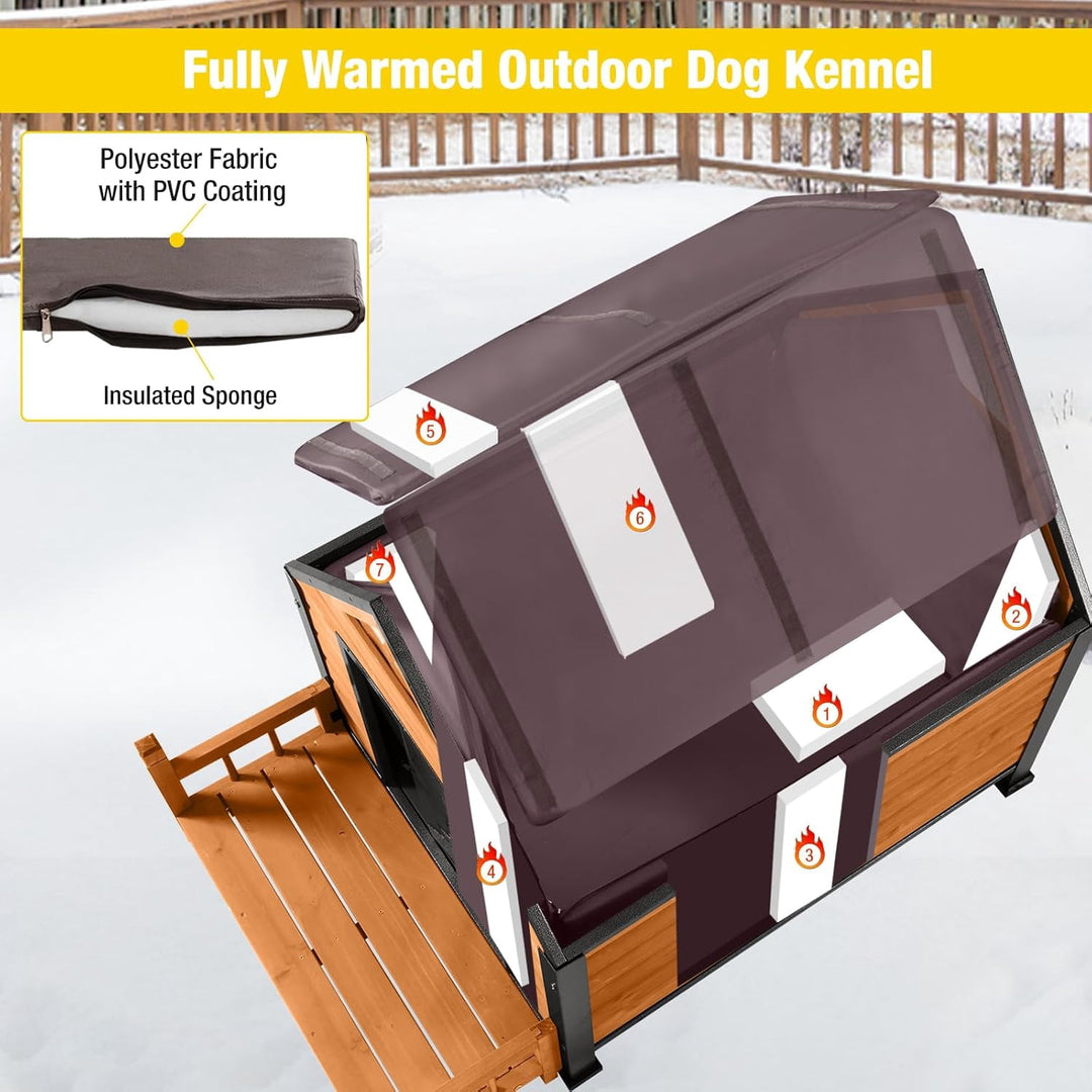 MEDEHOO Outdoor Dog House with All-Around Insulated Liner Weatherproof Puppy Shelter Indoor Dog Kennel, Anti-Bite Dog Home for Large Breed with Porch (Brown (Heated Liner), Medium)