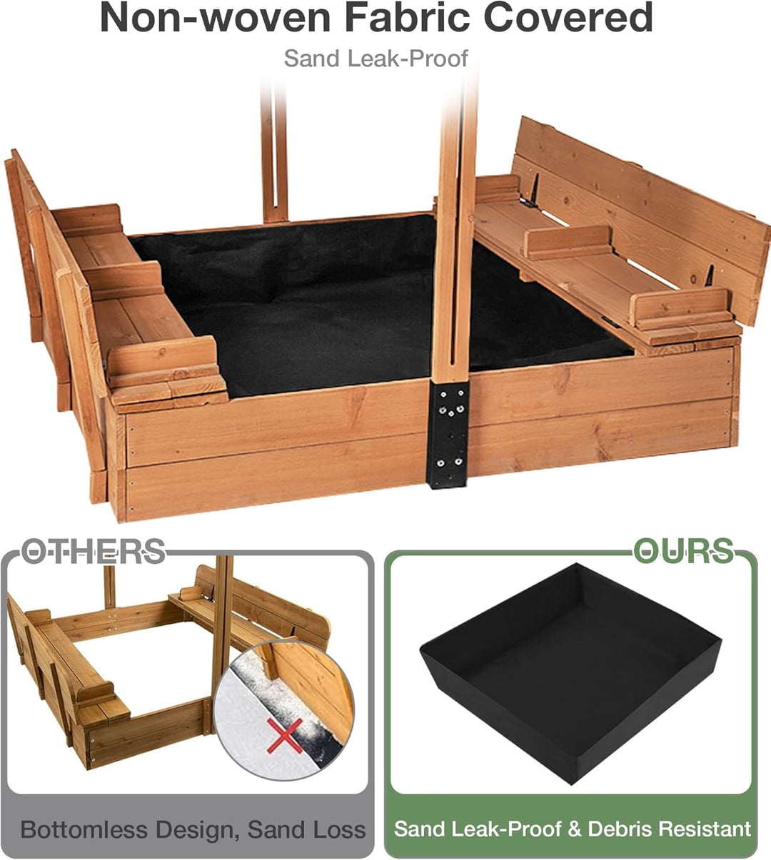 MEDEHOO Sandbox with Lid and Cover, Outdoor Sand Box for Kids with 360° Adjustable Canopy, 2 Foldable Bench Seats &amp; Sand Leak-Proof Liner AIR05-MB-WM