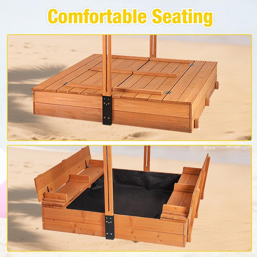 MEDEHOO Sandbox with Cover Wooden Sand Box with Lid Foldable Beench Seats and Retractable Roof Large Sand Boxes for Backyard Garden Beach Patio 47"