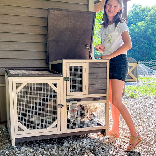 MEDEHOO Rabbit Hutch Rabbit Cage Indoor Bunny Hutch with Run Outdoor Rabbit House with Two Deeper No Leak Trays - 4 Casters Include (Without Bottom Wire Netting)