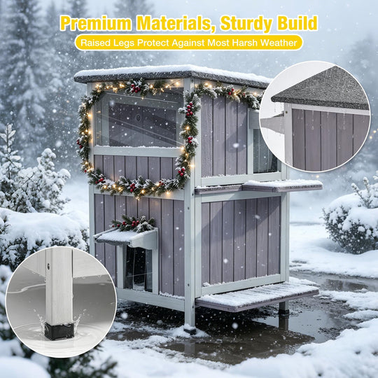 MEDEHOO Larger 2-Story Heated Cat House for Outside Waterproof Cat Shelter with Insulated Liner Keep Warm in Winter Indoor Cat Cage with Waterproof Roof,Heated Pad Include
