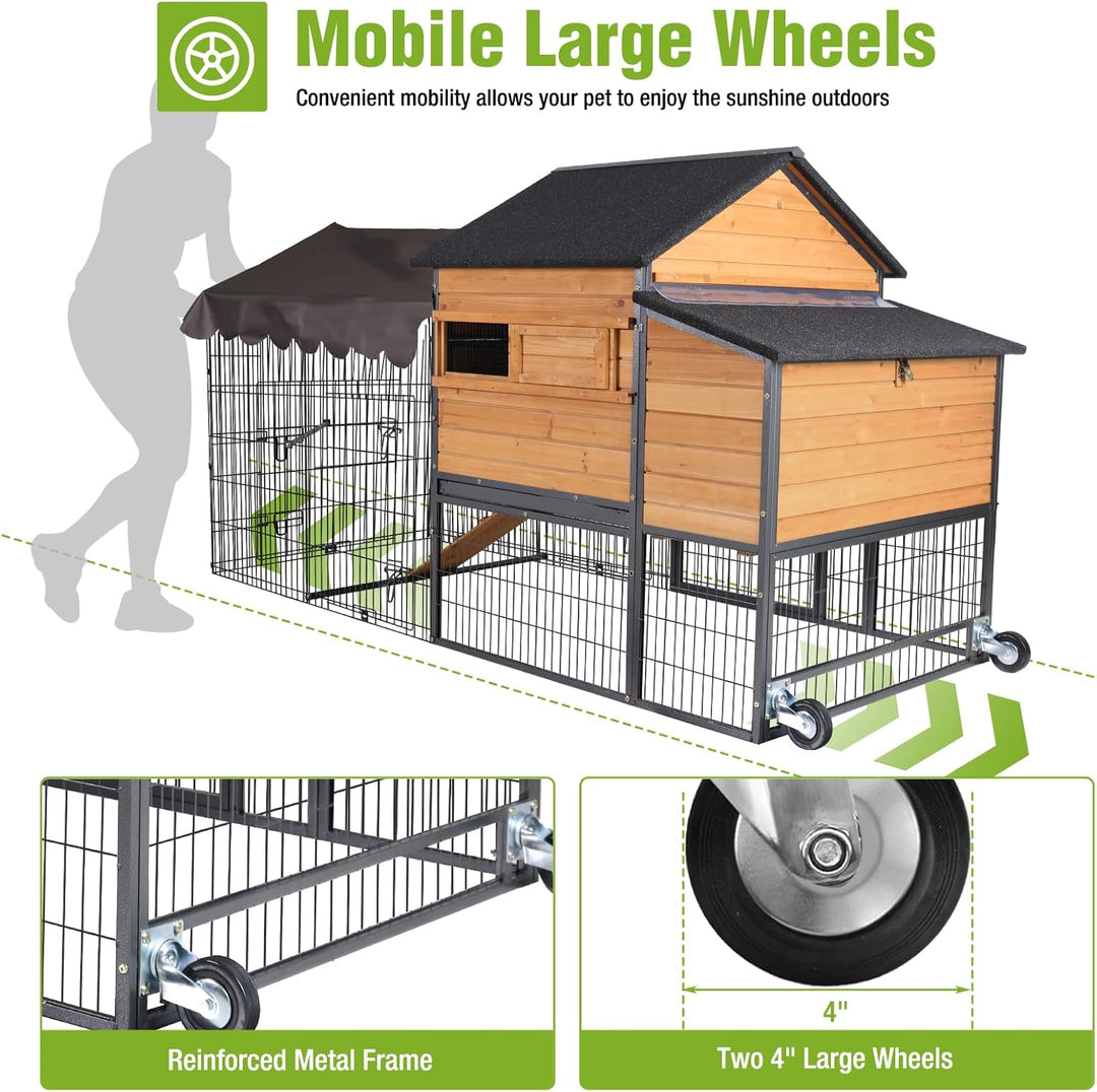 MEDEHOO Mobile Chicken Coop Upgraded with All Arounded Metal Frame Expandable Hen House with Super Large Wheels for 4–6 Chickens, 3 Nesting Boxes, Metal Run, 85" L AIR7006-N-1-WM