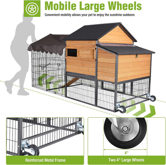 MEDEHOO Mobile Chicken Coop Upgraded with All Arounded Metal Frame Expandable Hen House with Super Large Wheels for 4–6 Chickens, 3 Nesting Boxes, Metal Run, 85" L AIR7006-N-1-WM