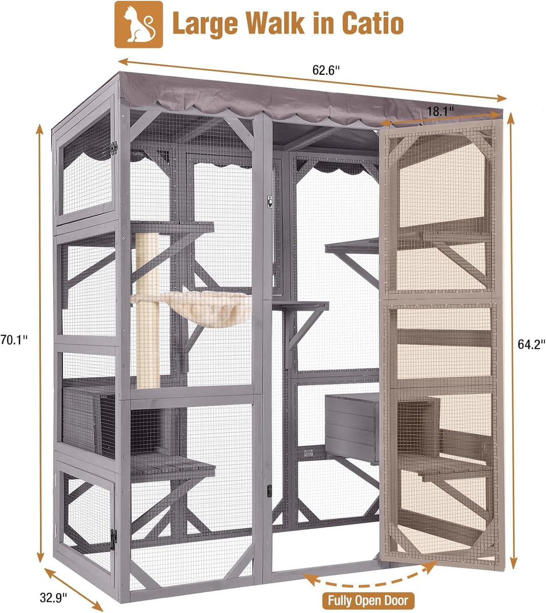 MEDEHOO Large Catio Outdoor Cat Enclosure with Condos, Wood Window Catio Walk in Cat House, Kitty Shelter Indoor with with Door, Platform 70" Gray SKY37-M-WM
