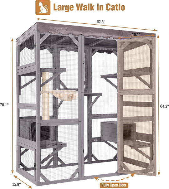 MEDEHOO Large Catio Outdoor Cat Enclosure with Condos, Wood Window Catio Walk in Cat House, Kitty Shelter Indoor with with Door, Platform 70" Gray SKY37-M-WM
