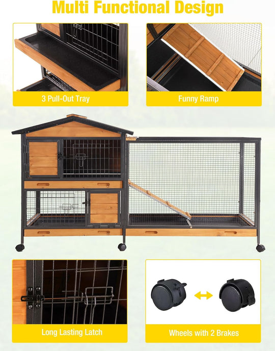 MEDEHOO 2-Story Rabbit Hutch with Chew-Proof Full Metal Frame for Indoor/Outdoor - 62" Bunny Cage with 6 Locking Casters &amp; 2 Pull-Out Trays for Rabbits, Guinea Pigs, Small Pets (Brown)