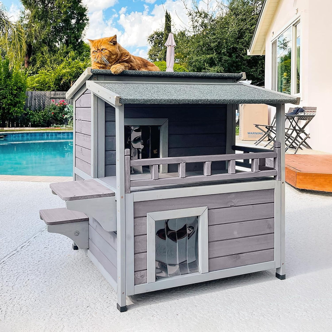 BUTINGLALE utdoor Feral Cat House, Wood Cat Shelter with Escape Door, Rainproof Outside Kitty House with Balcony AIR33-U