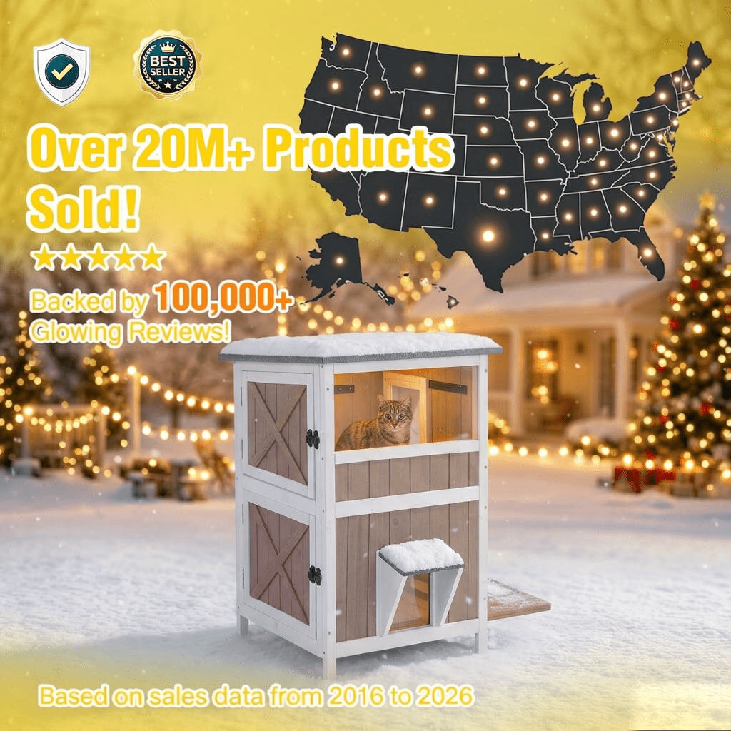 MEDEHOO 2-Story Heated Outdoor Cat House for Winter, Insulated Wooden Feral Shelter with Heating Pad, Liner &amp; Escape Doors, Brown