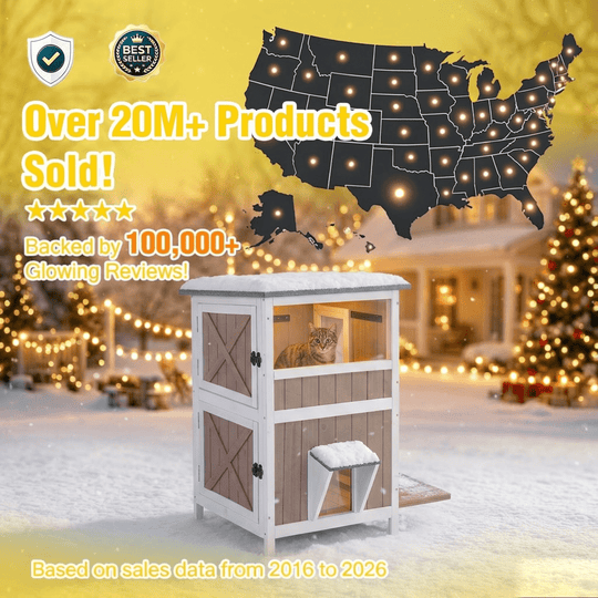 MEDEHOO 2-Story Heated Outdoor Cat House for Winter, Insulated Wooden Feral Shelter with Heating Pad, Liner &amp; Escape Doors, Brown