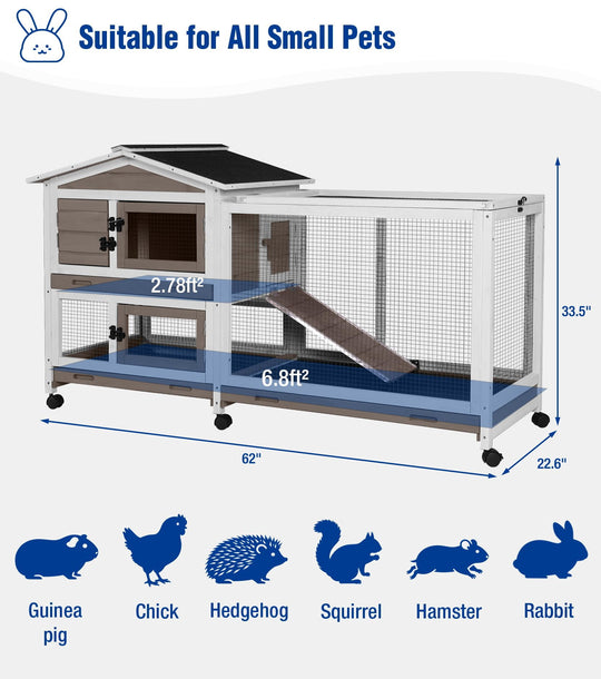 MEDEHOO Large Rabbit Hutch Indoor, Bunny Cage Outdoor with Chew-Proof Ramp, 2-Story Guinea Pig Cages with 6 Wheels, 3 Pull-Out Trays, Waterproof Asphalt Roof, 62" L - Coffee