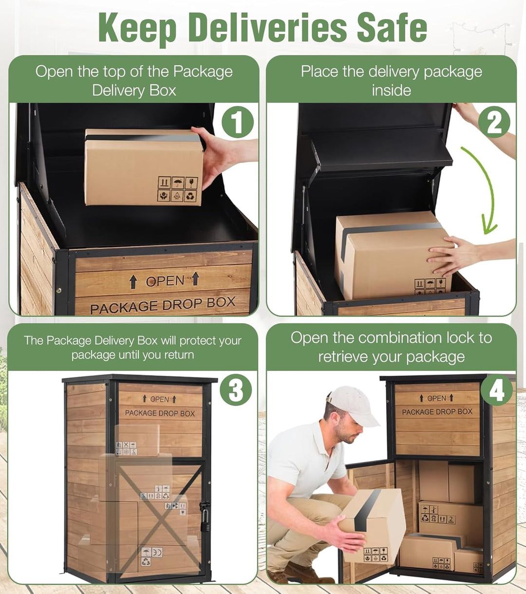 MEDEHOO Package Delivery Boxes for Outside, Anti-Theft &amp; Weatherproof Solid Wood with Iron Frame, Parcel Drop Box with Combination Lockable, Lockable Secure Package Holder for Porch AIR7011-4-AD-WM