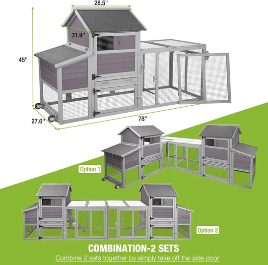 MEDEHOO Chicken Coop 78" Mobile Hen House on Wheeks Outdoor Poultry Cage with Run Duck Coop Waterproof Roof,Large AIR27-JO