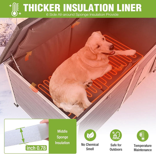 MEDEHOO 59" Extra Large Heated Dog House with Heater &amp; Insulated Liner for Winter, Wooden Insulated Outdoor Dog House for Large Dogs, All-Around Iron Frame Weatherproof (Gray) AIR64-HP-N-WM