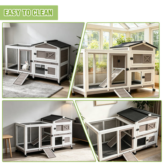 MEDEHOO 55.2" 2-Story Rabbit Hutch Indoor Outdoor, Heavy Duty Full Metal Bunny Cage with 6 Locking Wheels, 2 Pull-Out Trays, Chew-Proof Ramp &amp; Waterproof Roof for Guinea Pigs Small Pets