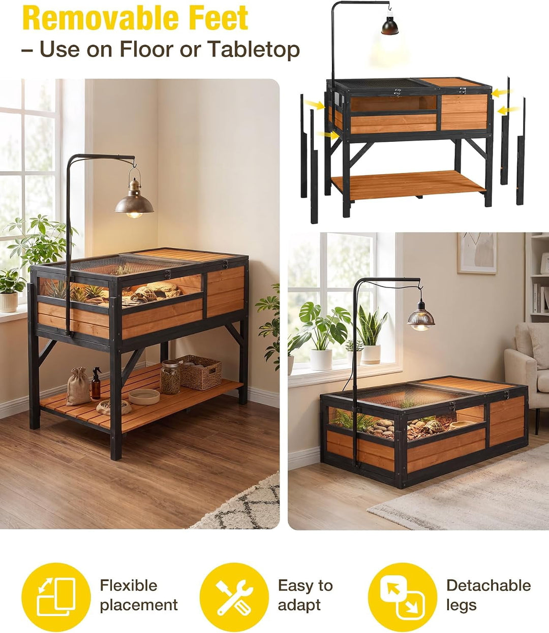 MEDEHOO Wooden Tortoise Habitat with Detachable Legs &amp; Adjustable Lamp Holder – Reptile Terrarium for Small Animals AIR70-BF-ML-WM