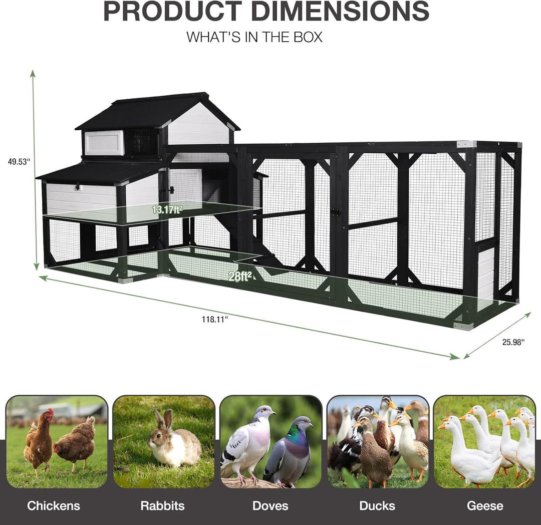 Extra Large 120" L Chicken Coop for 8-10 Chickens, Wooden Chicken House with Run, 6 Nesting Boxes, Heavy Duty Construction, Waterproof Roof, Predator Resistant Outdoor Poultry Cage-Black AIR46-M-B-ZOE