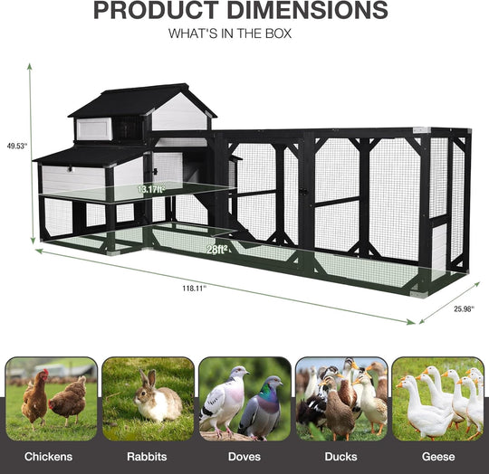 Extra Large 120" L Chicken Coop for 8-10 Chickens, Wooden Chicken House with Run, 6 Nesting Boxes, Heavy Duty Construction, Waterproof Roof, Predator Resistant Outdoor Poultry Cage-Black AIR46-M-B-ZOE