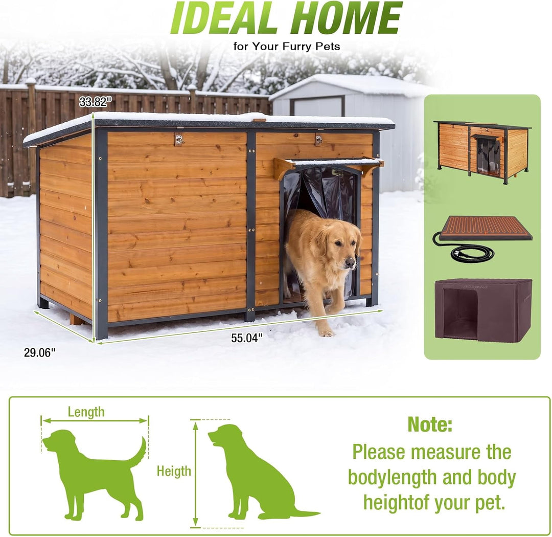 MEDEHOO 59.1" Extra Large Heated Dog House with 6-Side Insulation &amp; Heavy Duty Steel Frame Weatherproof for Winter Outdoor, Brown AIR63-IN-WM