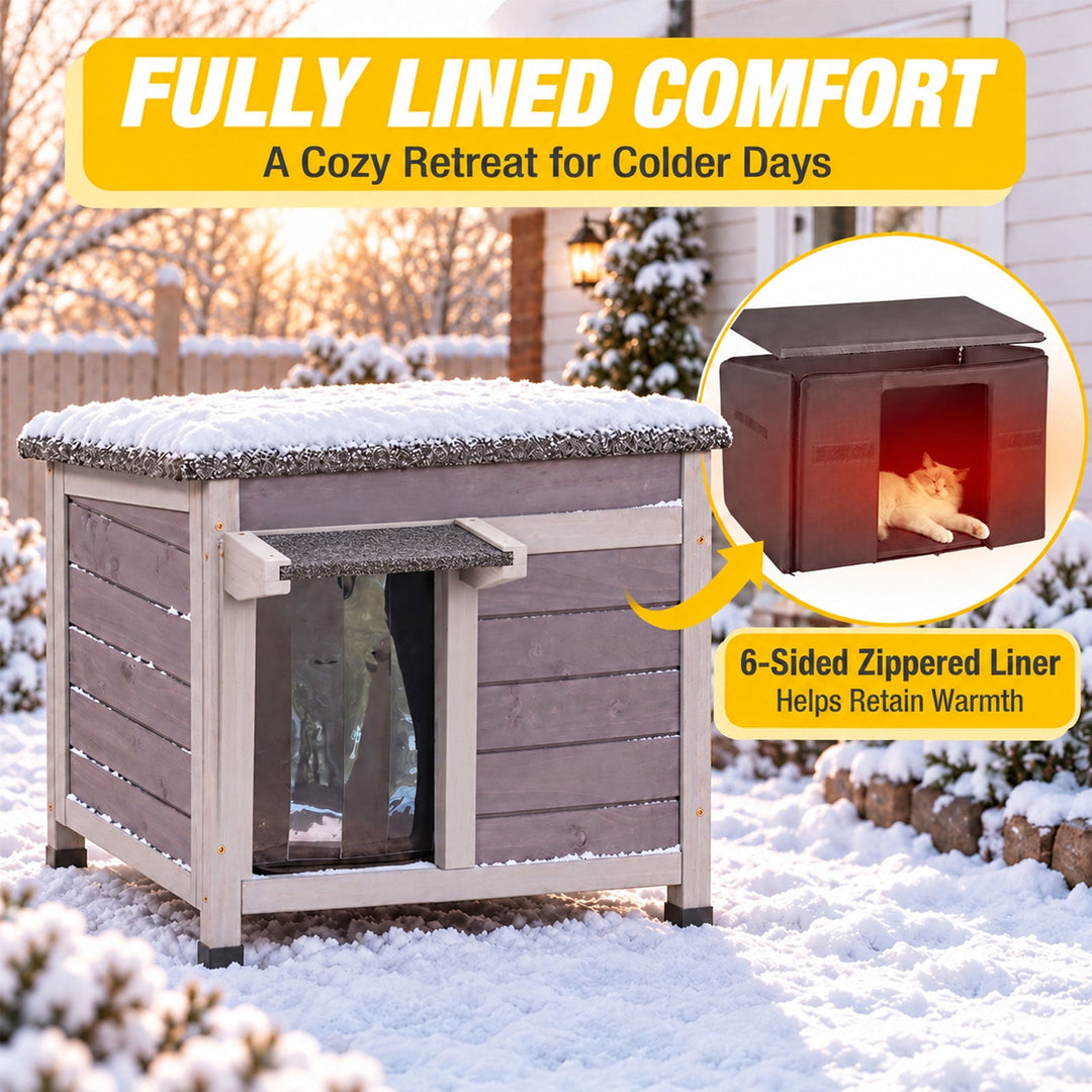 MEDEHOO Insulated Outdoor Cat House with 6-Sided Liner and Raised Floor, Wooden Winter Shelter AIR12-IN-WFS-GE