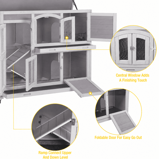 MEDEHOO Wood Rabbit Hutch Bunny Cage with Wheel, Two Layer Guinea Pig House for Outdoors &amp; Indoors AIR06-C-WM