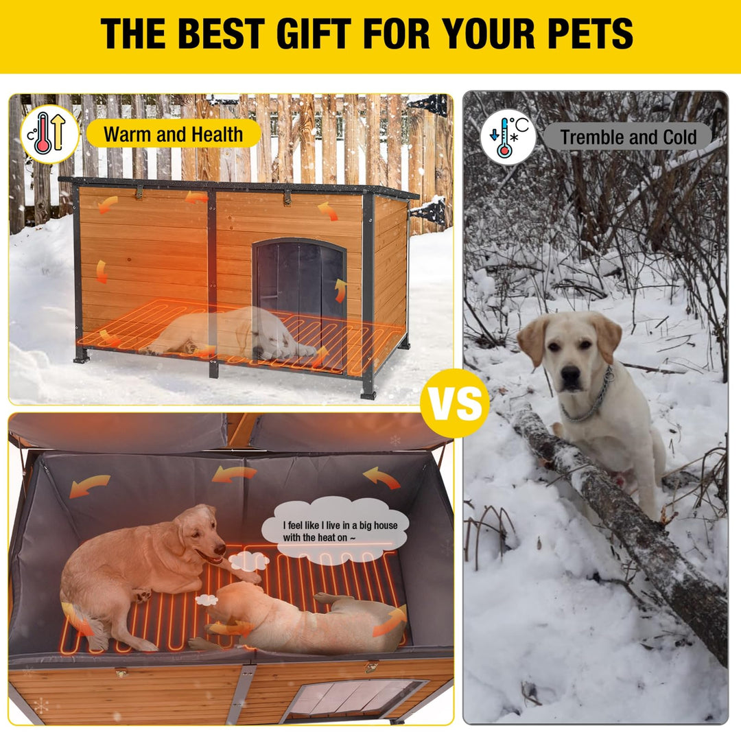 MEDEHOO Heated Dog House Outdoor 59" Extra Large Insulated Dog Kennel with Heating Pad Keep Warm in Winter Dog Cage for Small &amp; Medium &amp; Large Dogs,All-Around Strong Iron Frame AIRJO63-IN-HP-WM
