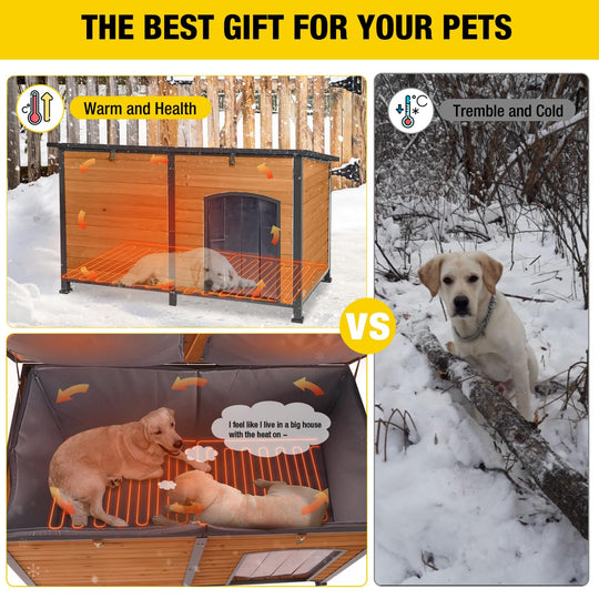 MEDEHOO Heated Dog House Outdoor 59" Extra Large Insulated Dog Kennel with Heating Pad Keep Warm in Winter Dog Cage for Small &amp; Medium &amp; Large Dogs,All-Around Strong Iron Frame AIRJO63-IN-HP-WM