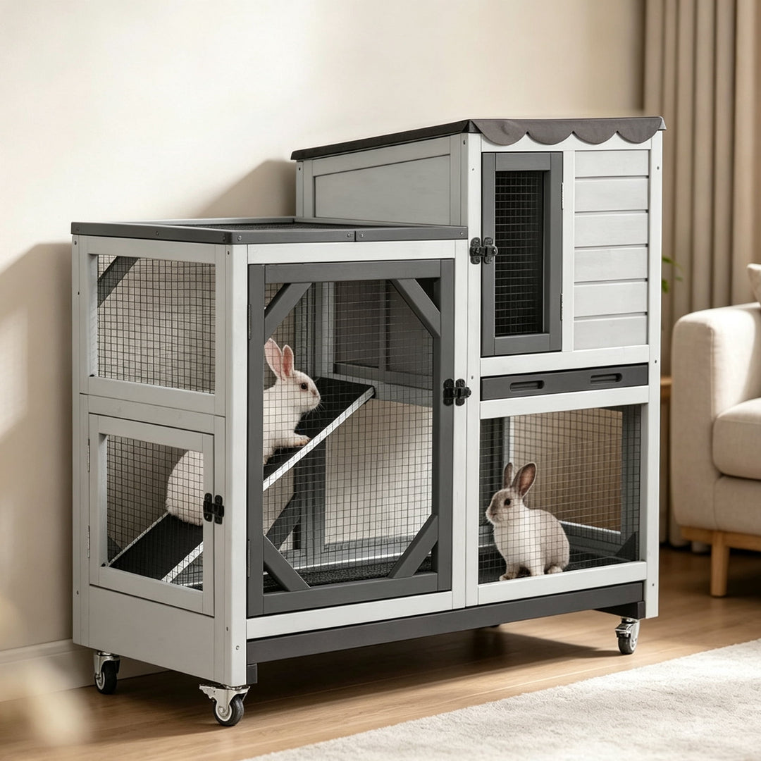 MEDEHOO Indoor Rabbit Hutch Outdoor Bunny Cage on Wheels, 2 Story Wood Guinea Pig Cages with 2 Deeper Pull Out Trays (Black &amp; White) AIR7013-BW-WM