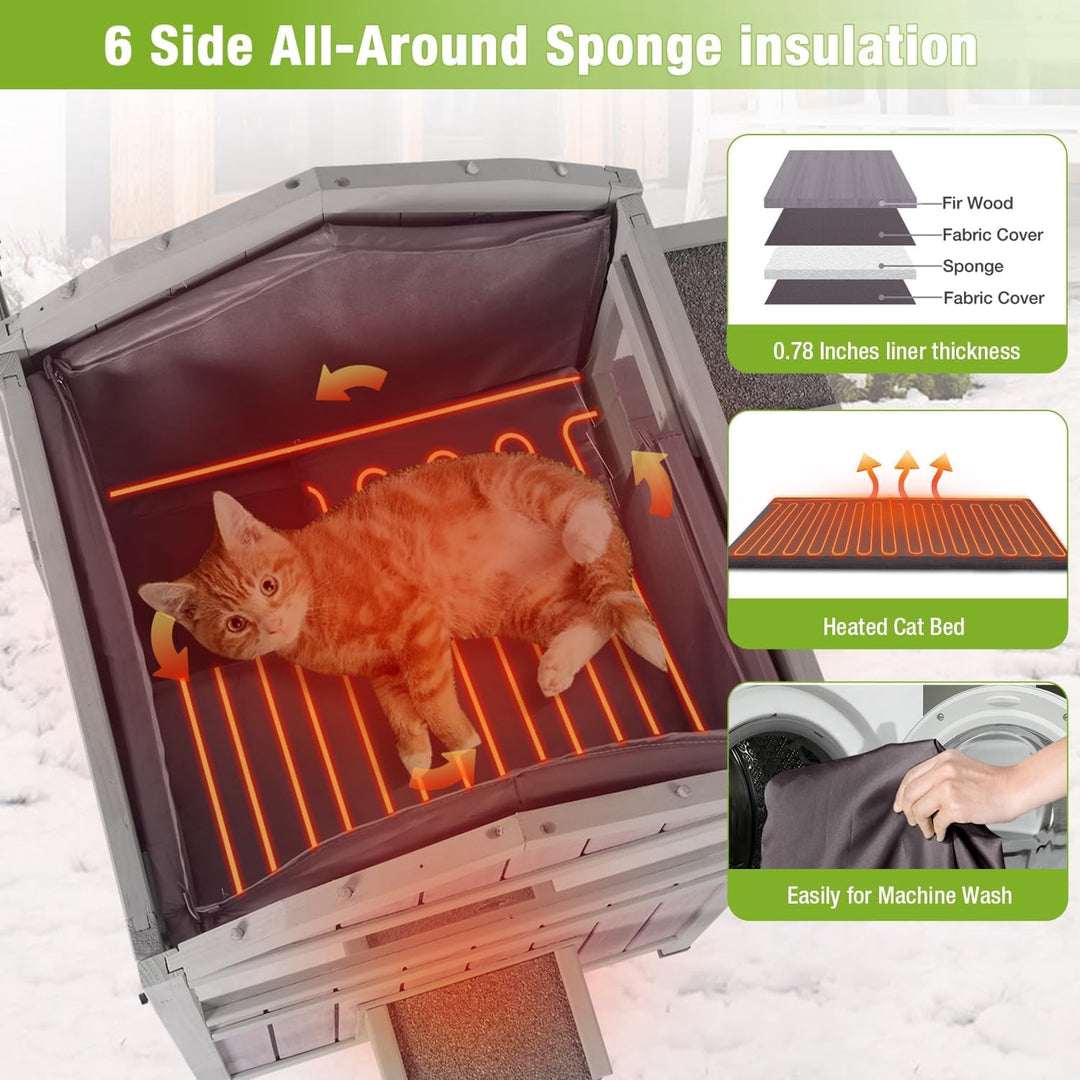 MEDEHOO Heated Cat House Outdoor 2 Story Insulated Liner Feral Cat Shelter Weatherproof for Outside with Heated Pad（Grey