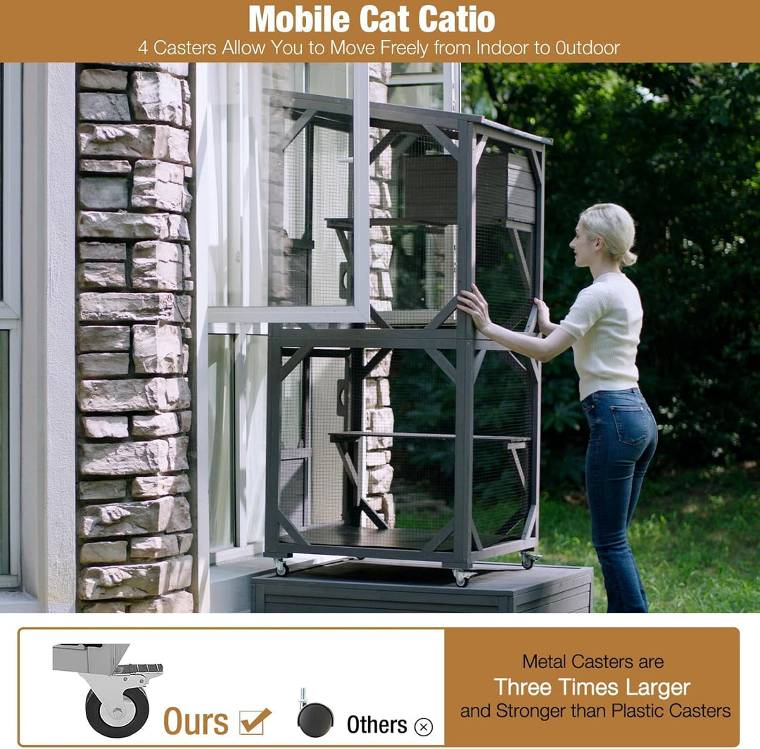 MEDEHOO 71 " Outdoor Catio Cat Enclosure , Kitty House Indoor with Perches and Condos Large Cat Shelter -Waterproof Catio Shelter with Wheels SKY22
