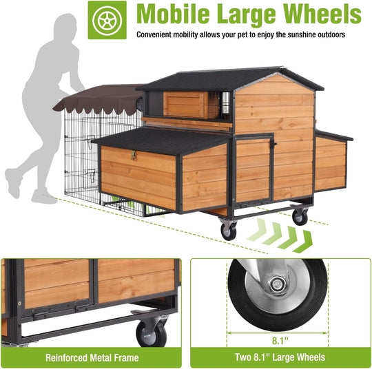 MEDEHOO Mobile Chicken Coop with All Arounded Metal Frame Large Hen House with Super Large Wheels for 6–8 Chickens, 6 Nesting Boxes, Metal Run, 76.7" L AIR7019-A-WM
