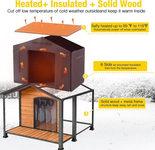 MEDEHOO Heated Outdoor Dog House - Weatherproof Insulated Wooden Shelter with Iron Frame, Large Porch for Medium &amp; Large Dogs, Indoor/Outdoor Kennel(XL)