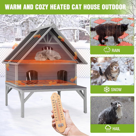 MEDEHOO Heated Cat House 2-Level Large Outdoor Cat House Insulated Weatherproof Feral Cat Shelter with 2 Heating Pads, Insulated All-Round Thermal Liner, Large Porch, 3 Escape Doors for 1-6 Cats