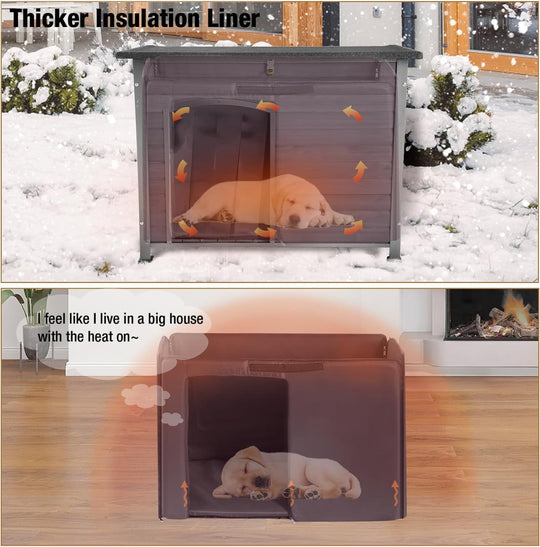 43.3" Large Dog House for Winter with Insulated Liner Outdoor Puppy Shelter with Anti-Bite Iron Frame