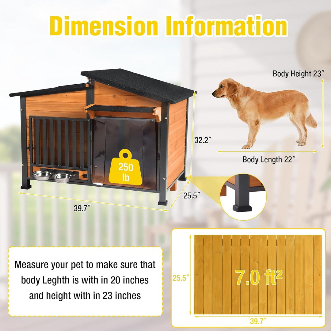 Dog House with Anti-Chewing Metal Frame Design Wooden Dog Kennel with Unique Design Roof, Weatherproof Dog House for Indoor &amp; Outdoor Use (Wood, L)