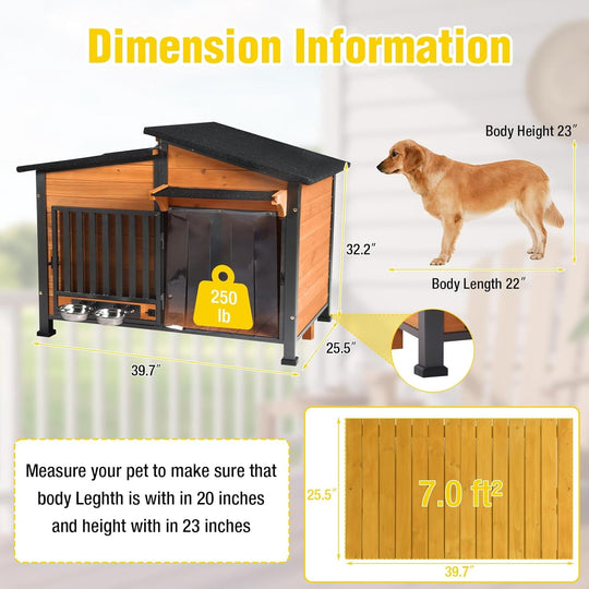 Dog House with Anti-Chewing Metal Frame Design Wooden Dog Kennel with Unique Design Roof, Weatherproof Dog House for Indoor &amp; Outdoor Use (Wood, L)