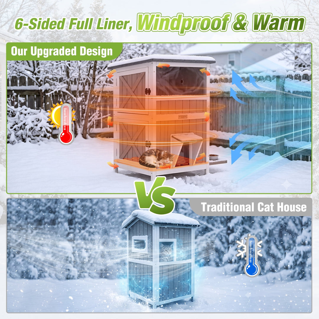 MEDEHOO 2-Story Heated Cat House Large Outdoor Cat House with Insulated Liner, Weatherproof | 2 Story Insulated Feral Cat Shelter with Heating Pad Brown